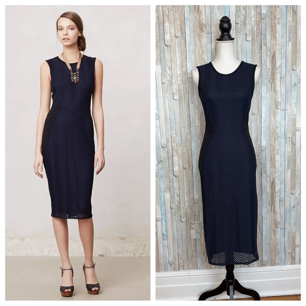 Anthropologie XS Islington Pencil Midi Sheath Dress Navy & Black Lace Career